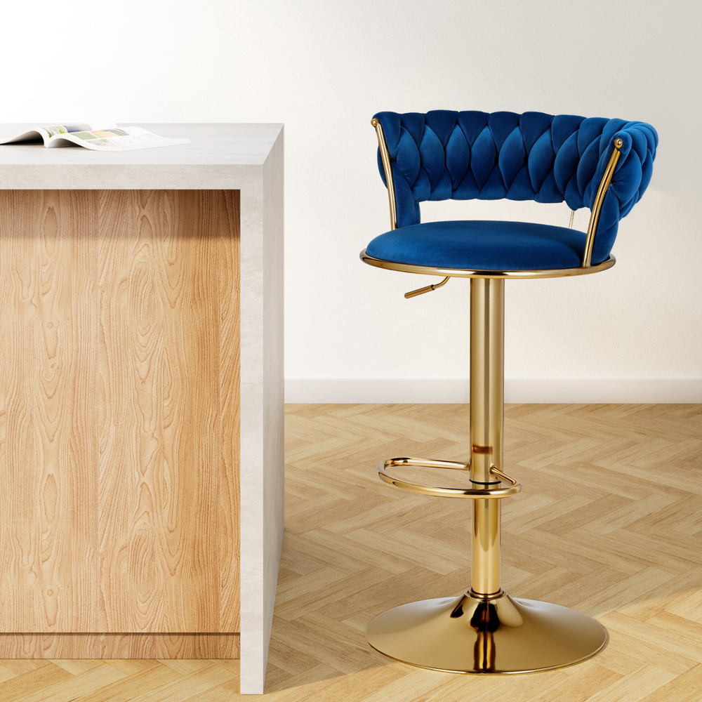 BA-K-1006-BL-202502282054-00 Artiss Bar Stools Gas Lift Velvet Woven Backrest Navy - Image 1