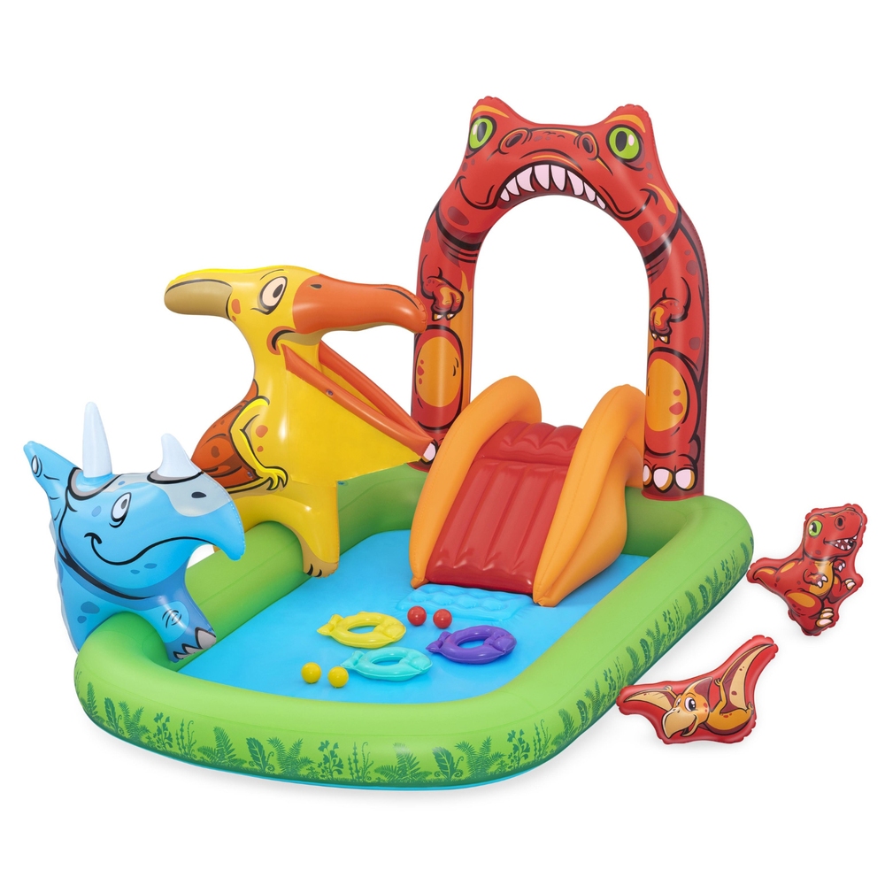 BW-POOL-PLAY-53160-191843-00 Bestway Kids Inflatable Play Splash Pool with Slide Ball Tossing Toys 242x140cm - Image 1