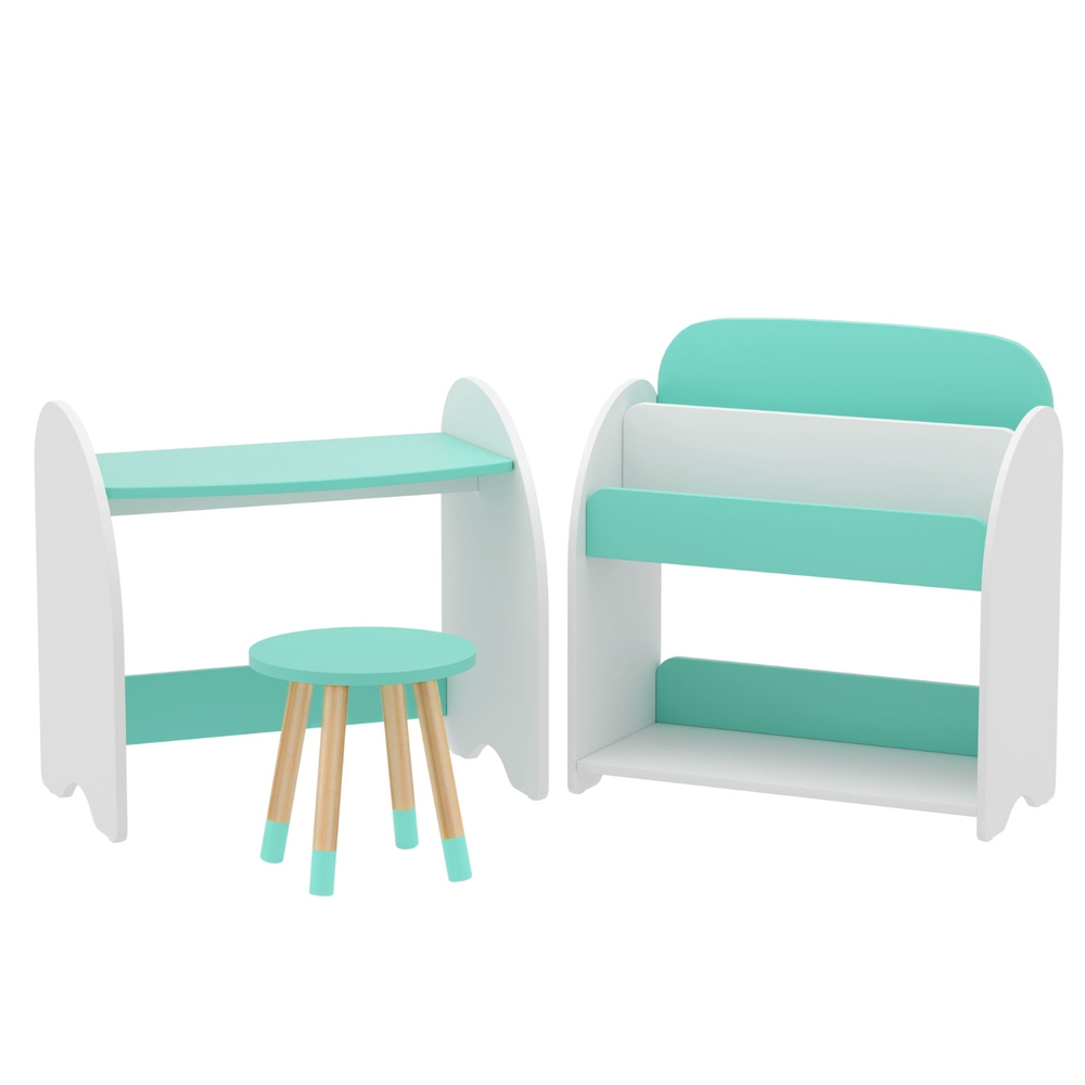 FURNI-B-KTC-3SET-GN-215099-00 Keezi Kids Bookshelf 2 In 1 Table Chair Set Bookcase Toys Shelves Children Organiser - Image 1