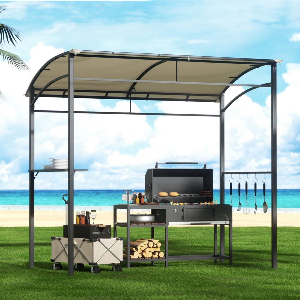 GAZEBO-IR-HF-BBQ01-BG-190350-06 Instahut Gazebo Outdoor BBQ Grill Patio Garden Marquee Shade Shelter Shelf Hooks Beige - Image 1