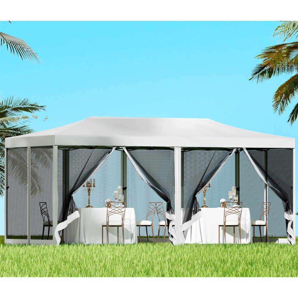 GAZEBO-POP-M-FG-3X6-WH-131293-06 Instahut Gazebo Pop Up Marquee 3x6m Wedding Party Outdoor Camping Tent Canopy Shade Mesh Wall White - Image 1
