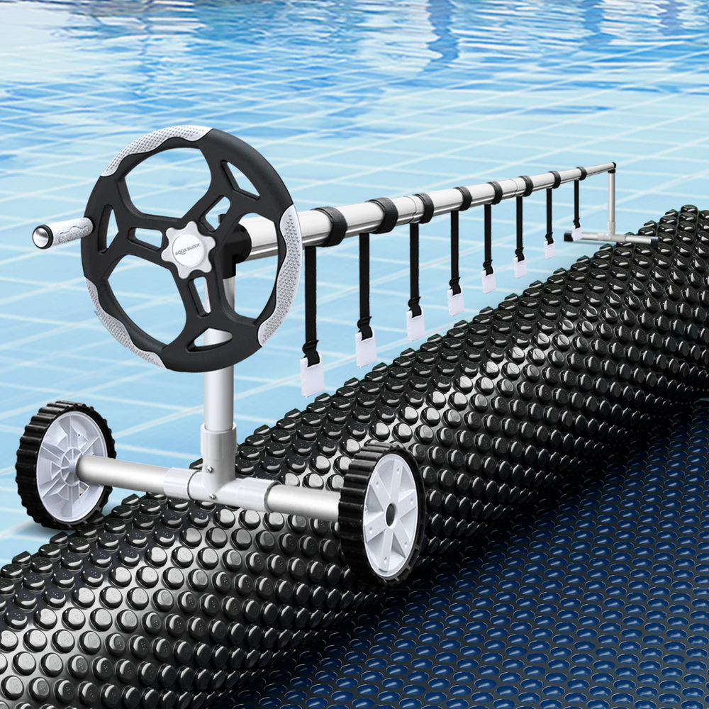 PC-85X42-L-BK-BL-ROLLER-191831-04 Aqua Buddy Pool Cover 600 Micron 8.5x4.2m w/ Roller 5.55m Swimming Pools Black Solar Blanket - Image 1