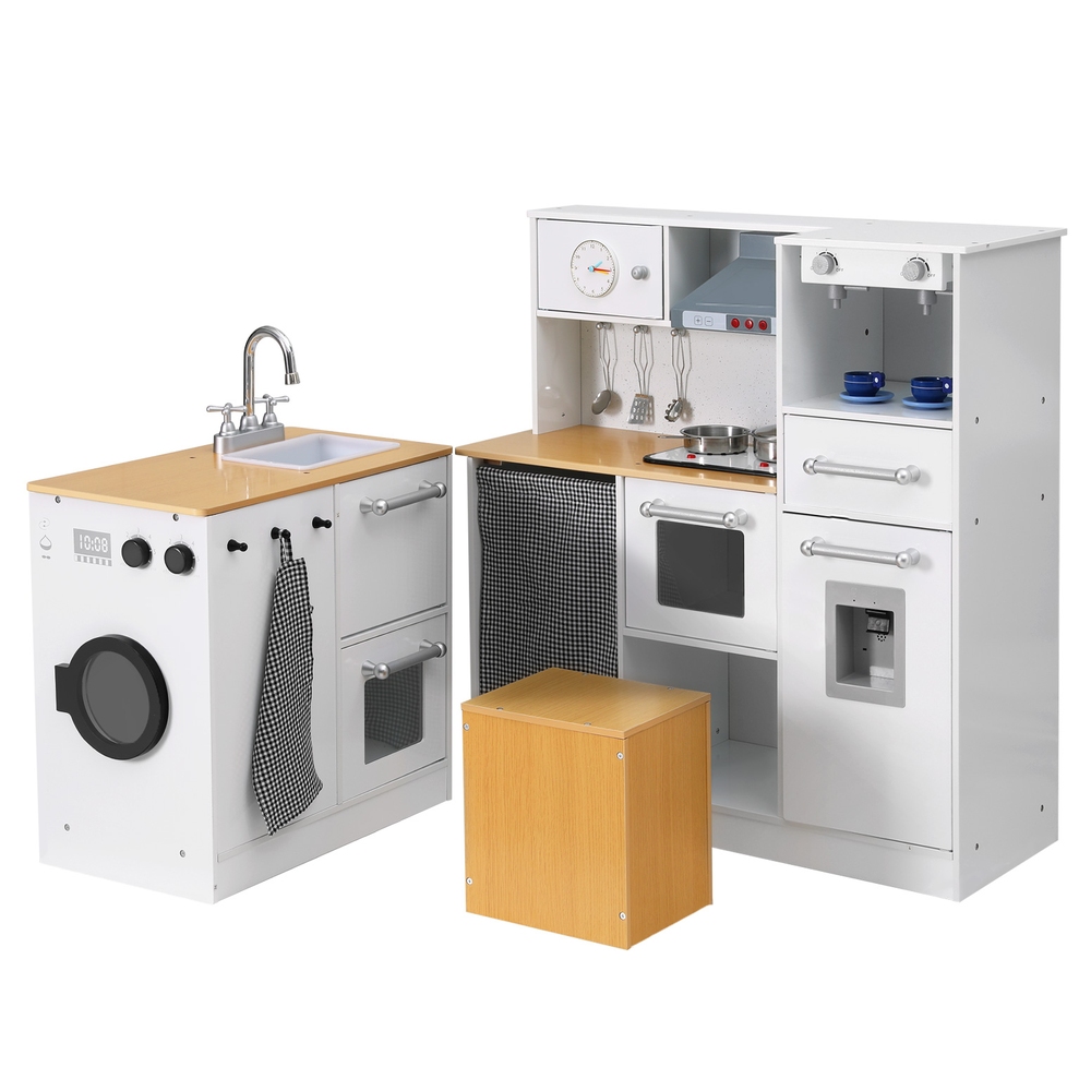 PLAY-WOOD-COMBINATION-WH-189931-00 Keezi Kids Kitchen Playset 2-Piece Wooden Pretend Play Coffee Maker Toy 80CM White - Image 1