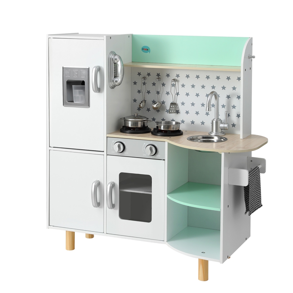 PLAY-WOOD-FRIDGE-GN-190382-00 Keezi Kids Wooden Pretend Kitchen Play Sets Cooking Toys Oven Fridge 85CM Green - Image 1