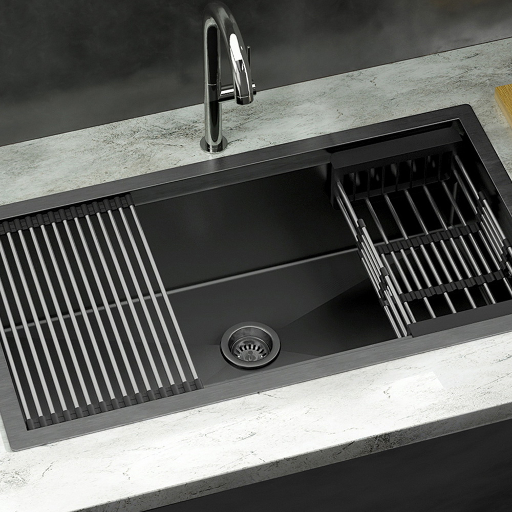 SINK-R10-8145T-BK-139234-06 Cefito Kitchen Sink 81X45CM Stainless Steel Single Bowl Drain Rack Basket Black - Image 1