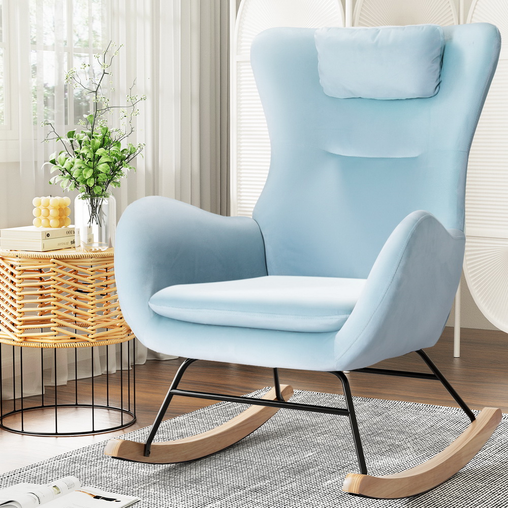 UPHO-B-ROCK01-VEL-GN-149266-06 Artiss Rocking Chair Armchair Pillow Velvet Blue - Image 1