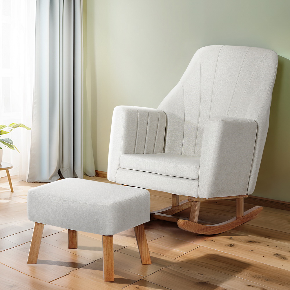 UPHO-C-ARM-FS-01-BG-AB-149260-06 Artiss Rocking Chair Armchair Linen Fabric Beige Jonah - Image 1