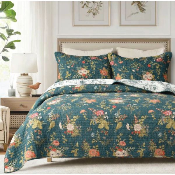 V107-KD4150K-197586-00 Winter Garden 100% Cotton Quilted 3 pcs Bedspread Coverlet Set King - Image 1