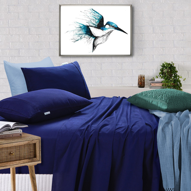 V107-MQBNBLSS-61416-00 Elan Linen 100% Egyptian Cotton Vintage Washed 500TC Navy Blue 50 cm Deep Mega Queen Bed Sheets Set - Image 1