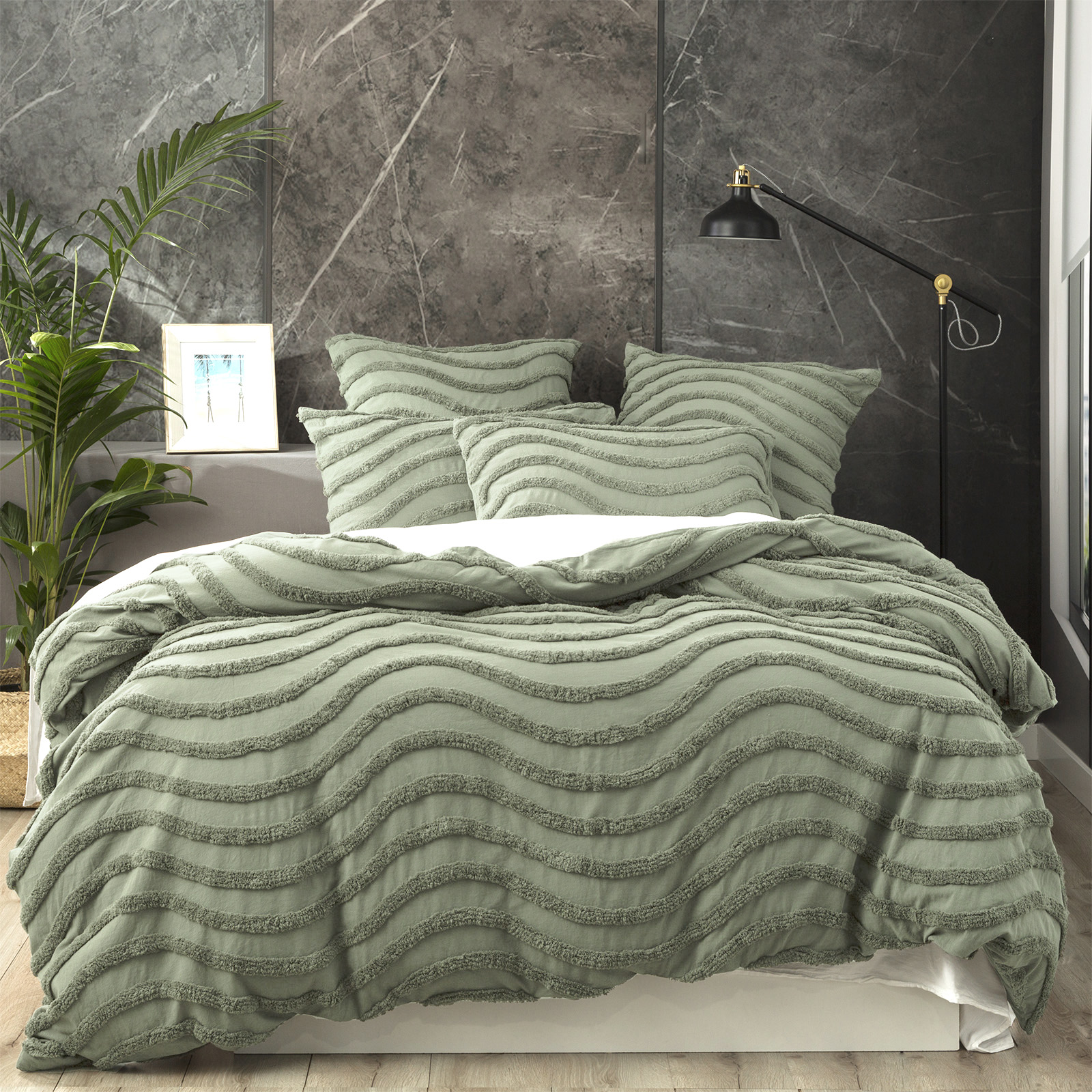 V107-SH319895-196764-00 Chenille Wave 100% Cotton Vintage Washed Sage Tufted European Pillowcase by Cloud Linen - Image 1