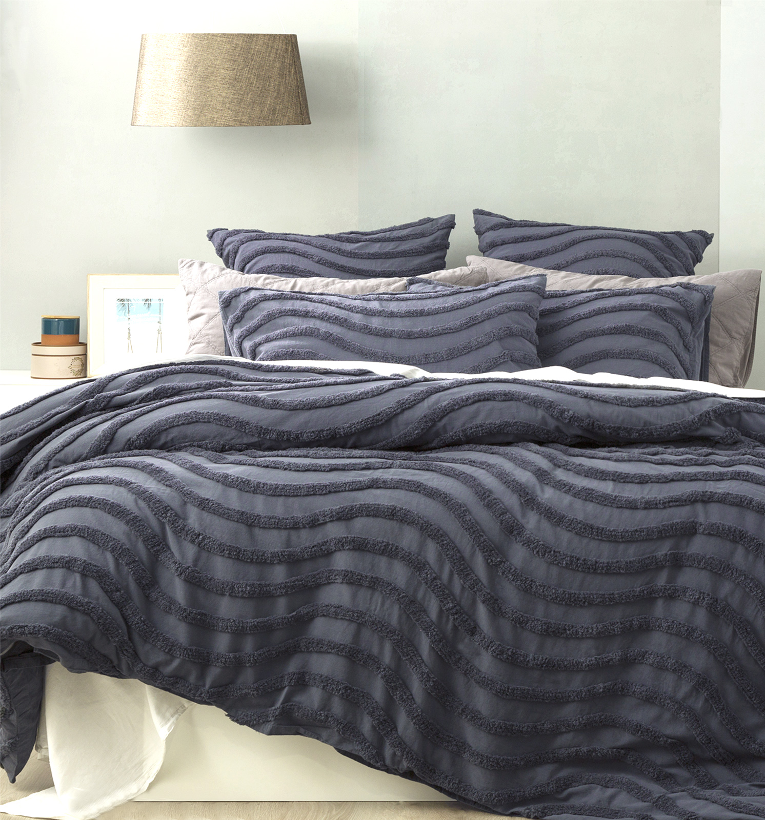 V107-SH319900-196774-00 Chenille Wave 100% Cotton Vintage Washed Blue Tufted European Pillowcase by Cloud Linen - Image 1
