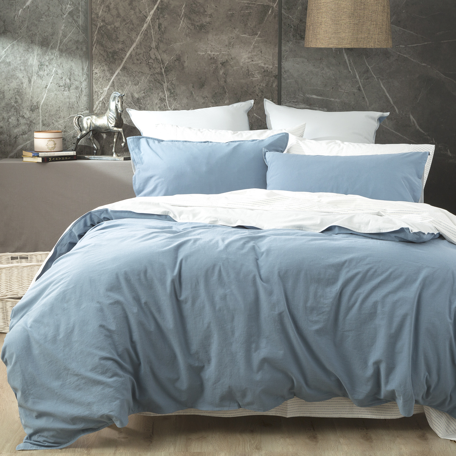 V107-SH320690-195738-00 Essentials Vintage Stone Washed Reversible Blue Quilt Cover Set by Renee Taylor King - Image 1