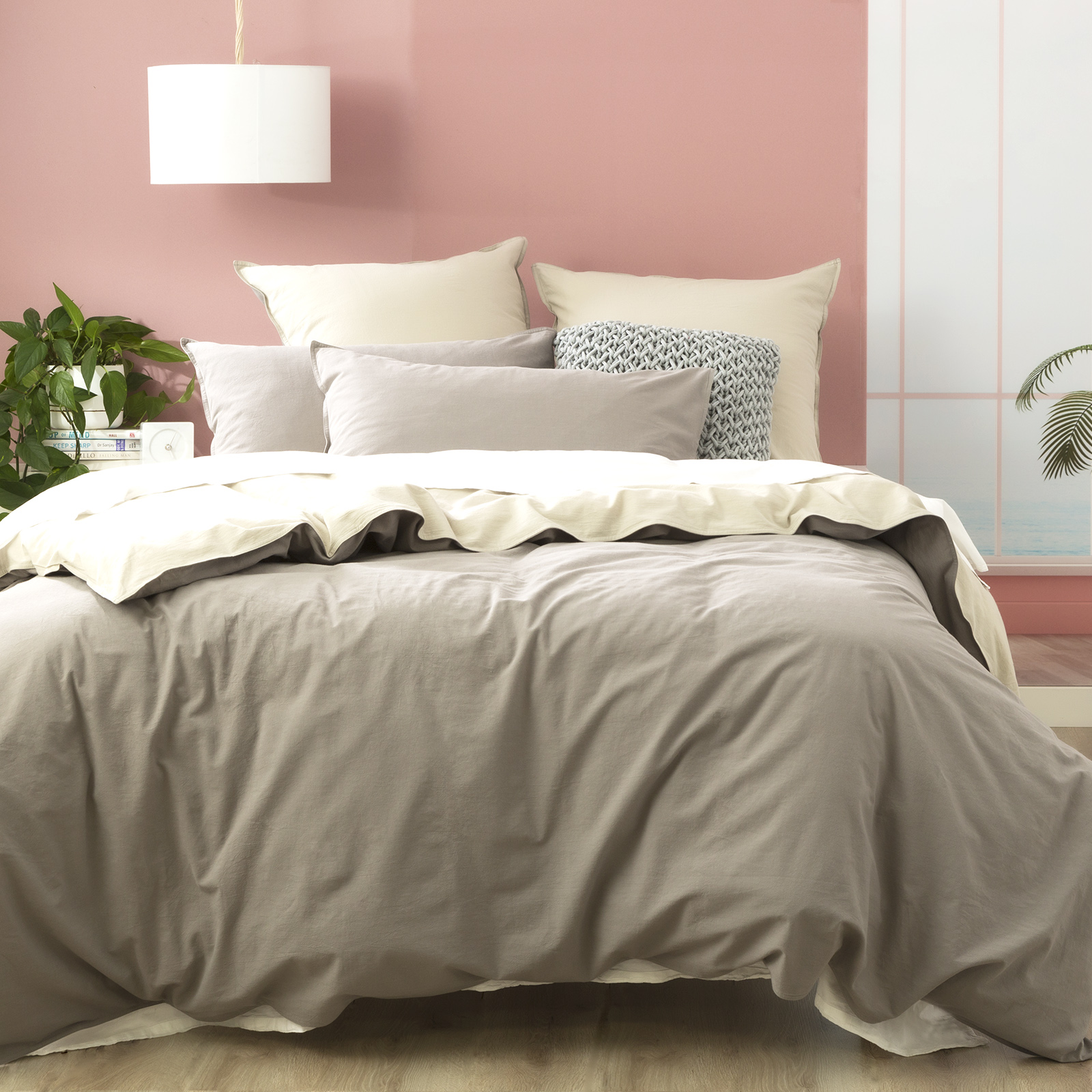 V107-SH320725-195758-00 Essentials Vintage Stone Washed Reversible Charcoal Quilt Cover Set by Renee Taylor Super King - Image 1