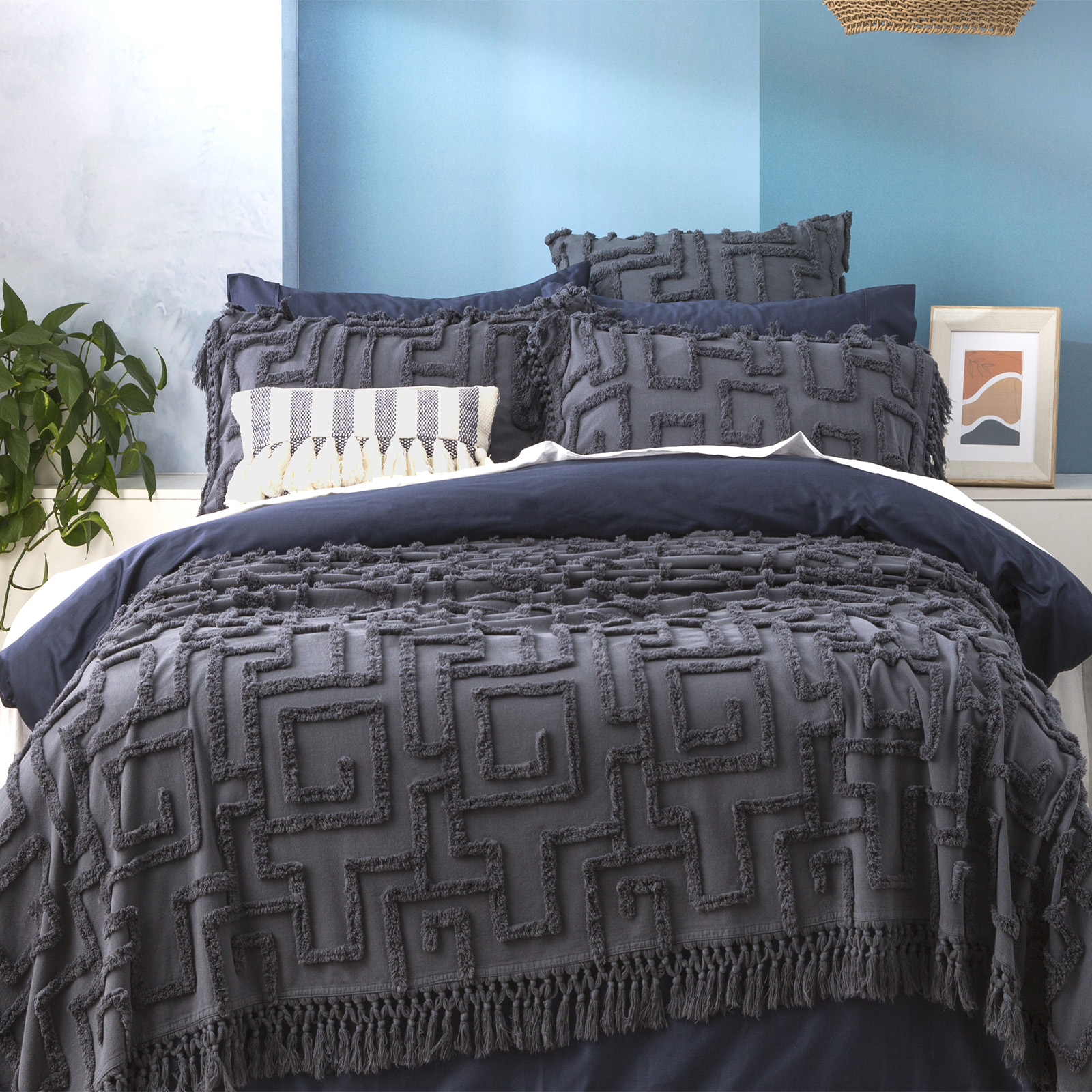 V107-SH321350-195670-00 Riley 100% Cotton Vintage Washed Tufted Slate Bed Cover Set by Renee Taylor Queen/King - Image 1