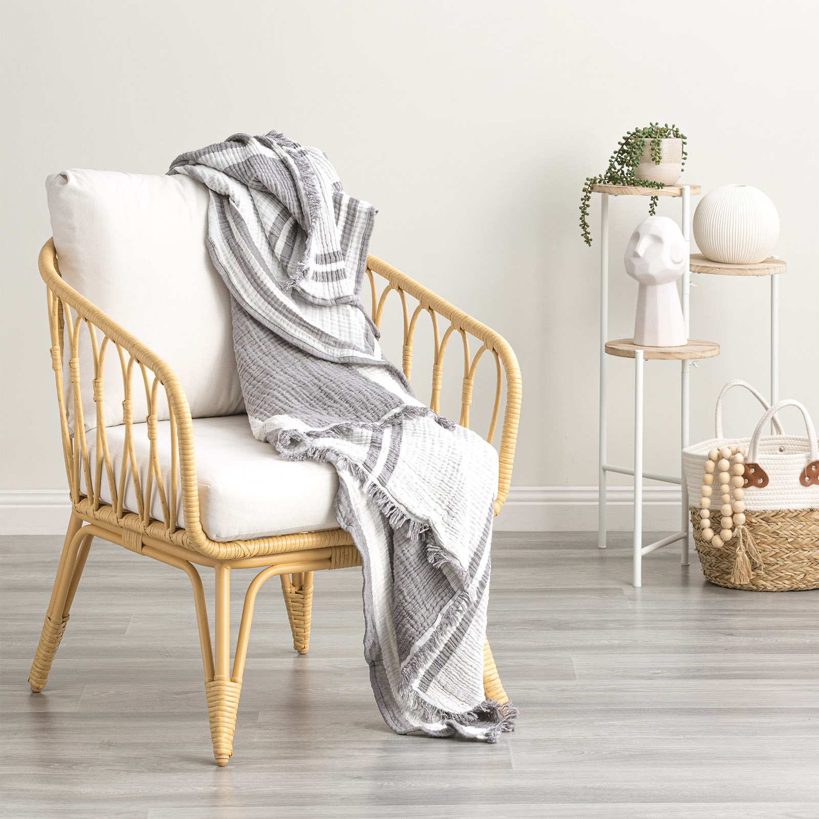 V107-SH323560-196825-00 Ray Striped Vintage Washed Yarn Dyed Textured Cotton Nude Throw by Renee Taylor - Image 1