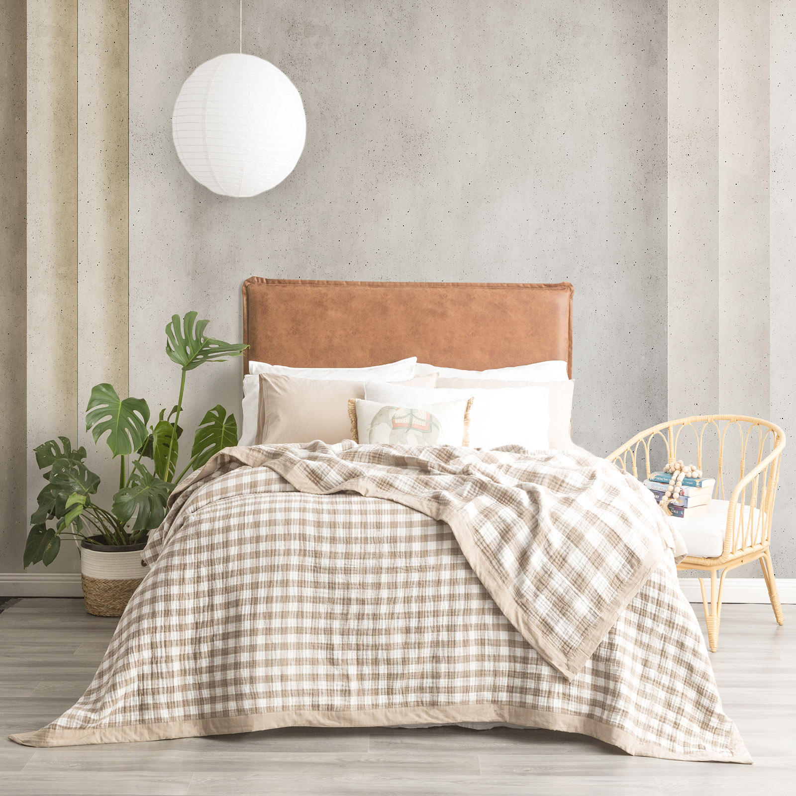 V107-SH323650-196843-00 Gingham Washed Cotton Yarn Dyed Revesible Textured Tan Blanket by Renee Taylor Single/Double - Image 1
