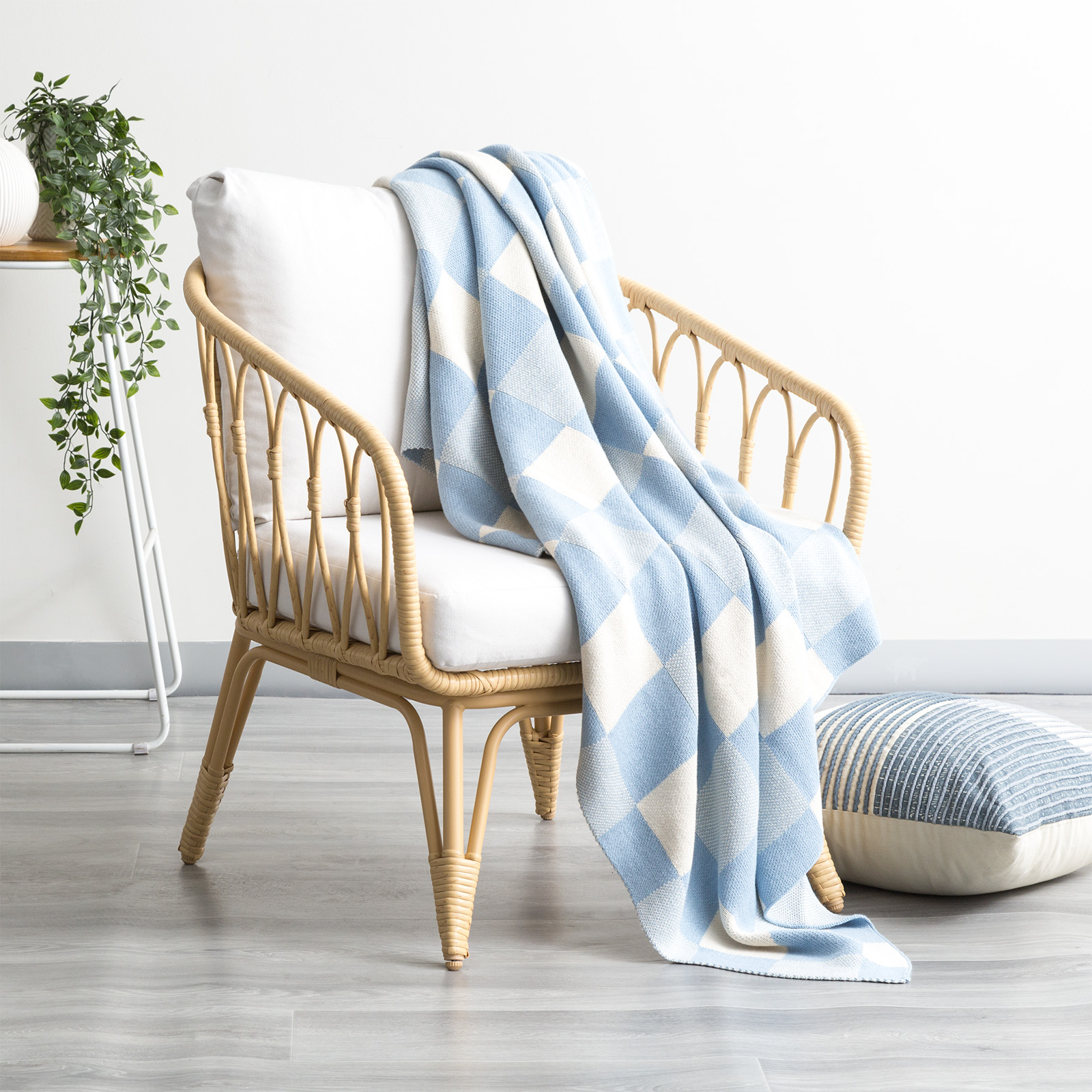 V107-SH325690-196953-00 Newport Checkered Cotton Knitted French Blue Throw by Renee Taylor - Image 1