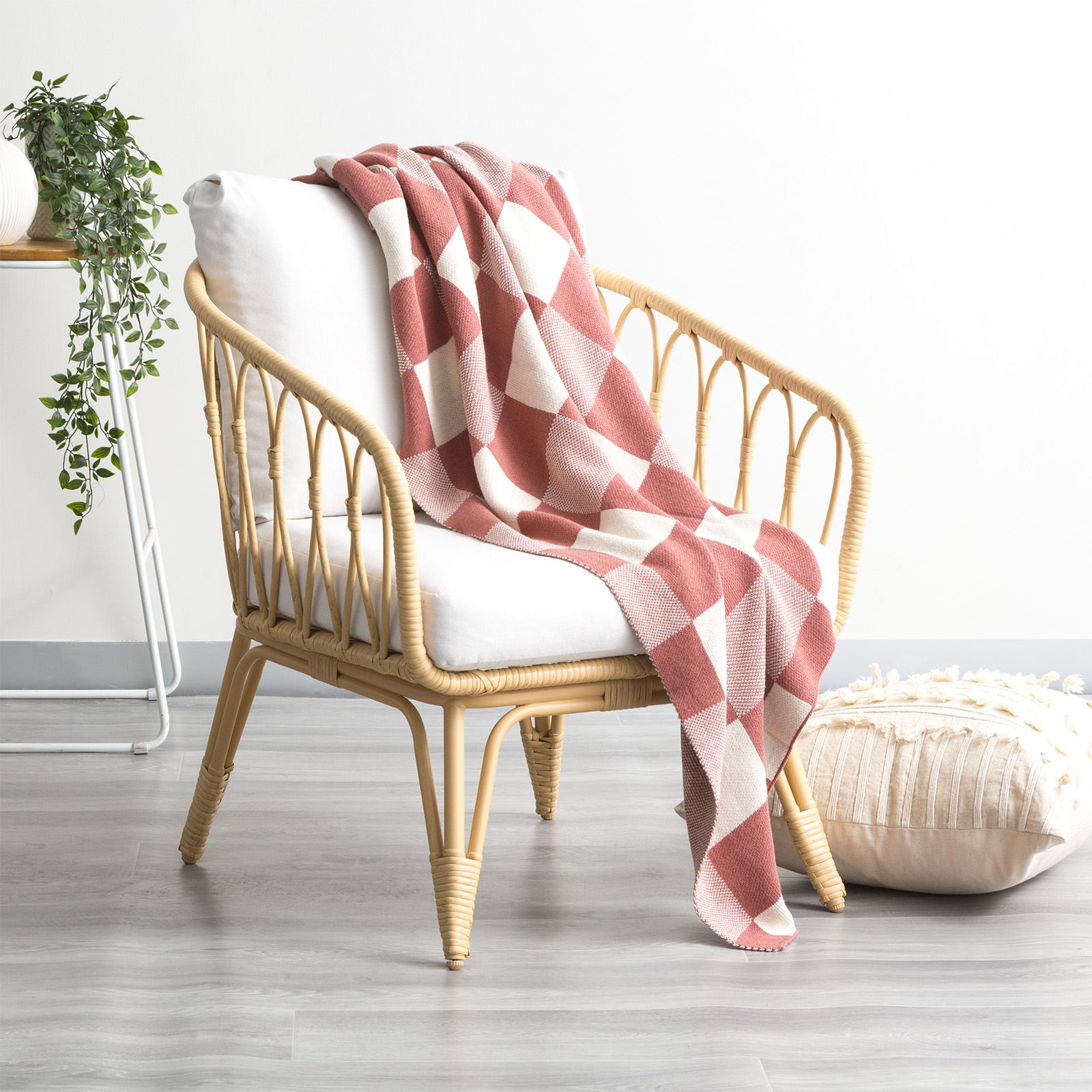 V107-SH325695-196954-00 Newport Checkered Cotton Knitted Rust Throw by Renee Taylor - Image 1