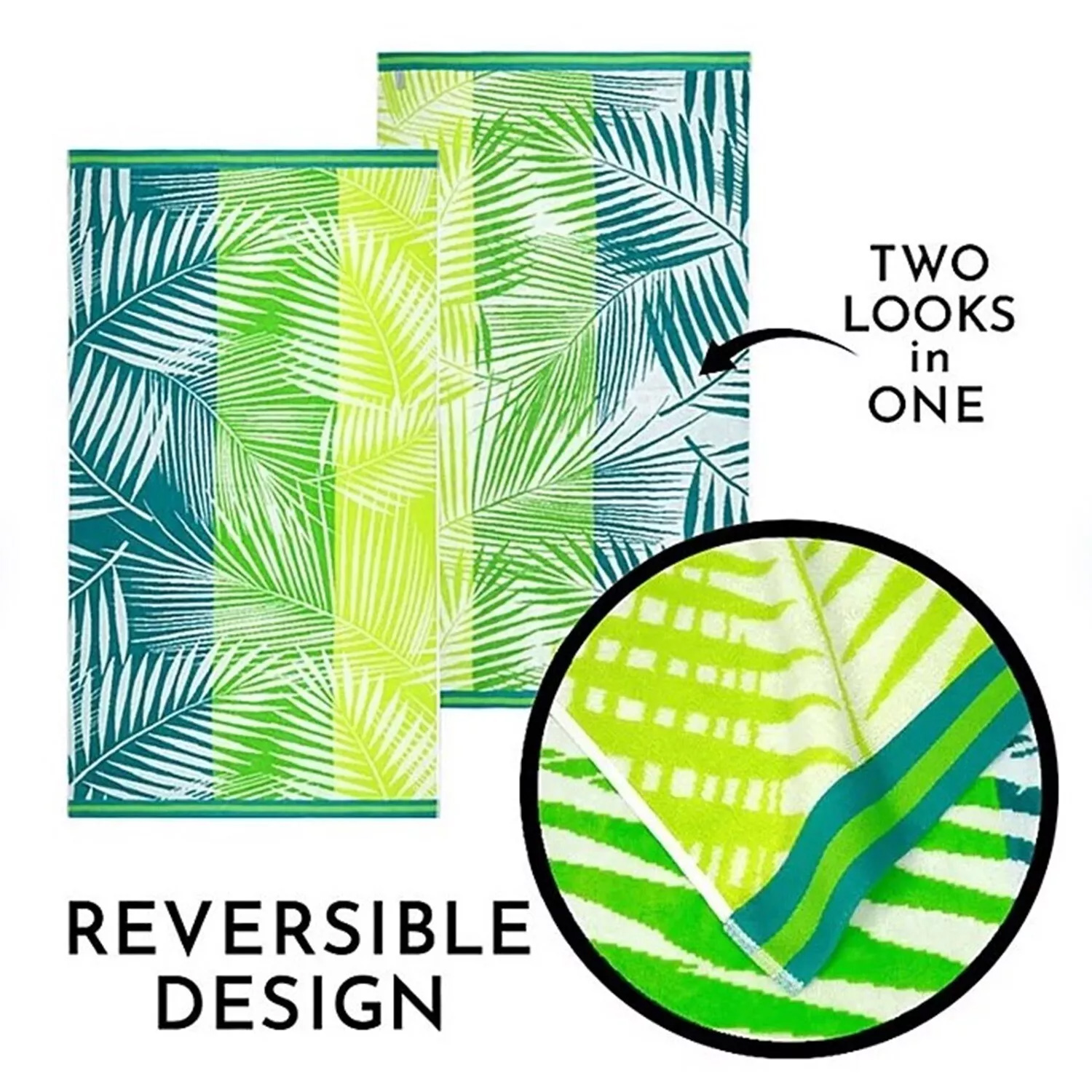 V107-SH328615-216967-00 Renee Taylor 2 Pack Jacquard Velour Large Beach Towel 100 x 180 cms Palm Leaf - Image 1
