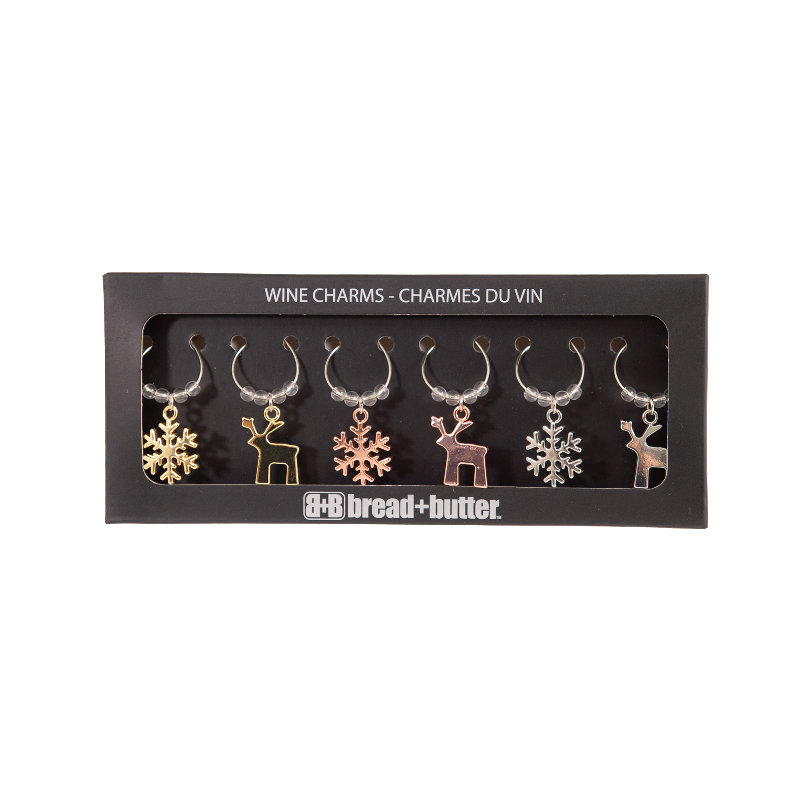V160-10004438-195093-00 Bread and Butter (3) Snowflake and (3) Reindeer Wie Glass Charms - 6 Pack - Image 1
