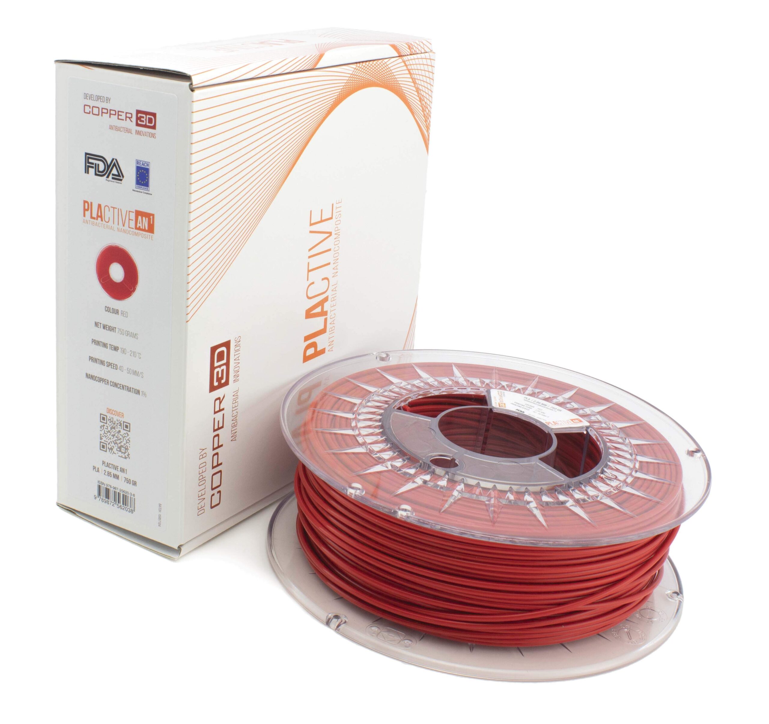V177-285PLACT-RED-0050_PLActive_RED_2.85mm_spool_box__65511_1 PLA Filament Copper 3D PLActive - Innovative Antibacterial 2.85mm 50gram Classic Red Color 3D Printer Filament - Image 1