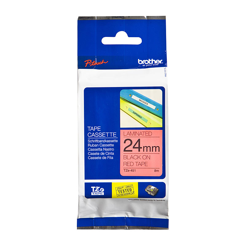 V177-D-BTZ451_uc__64579_1 BROTHER TZe451 Labelling Tape 24mm Black on Red TZE Tape - Image 1