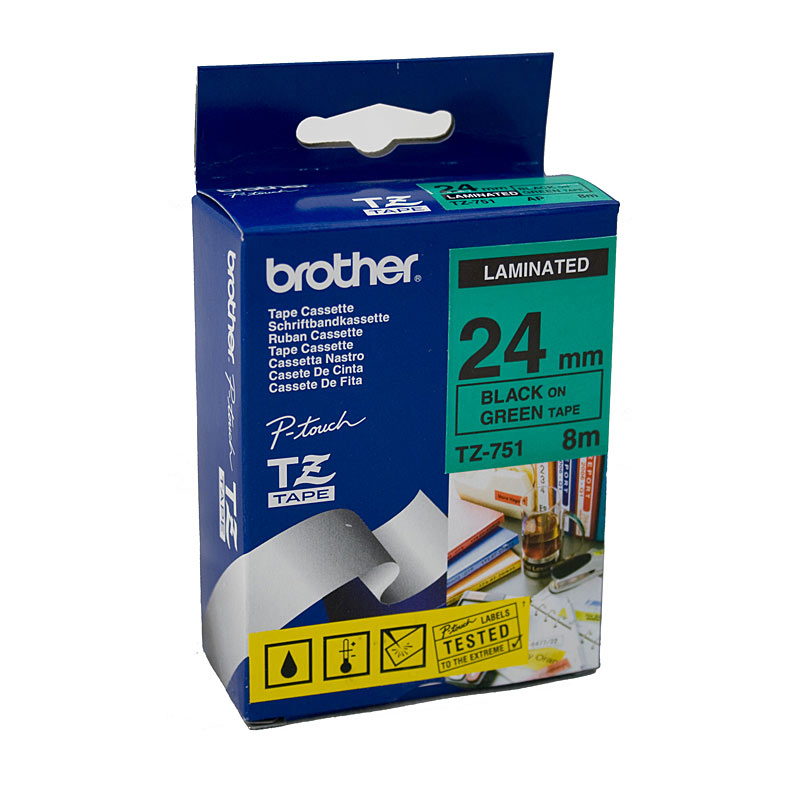 V177-D-BTZ751_uc__84918_1 BROTHER TZe751 Labelling Tape 24mm Black on Green TZE Tape - Image 1
