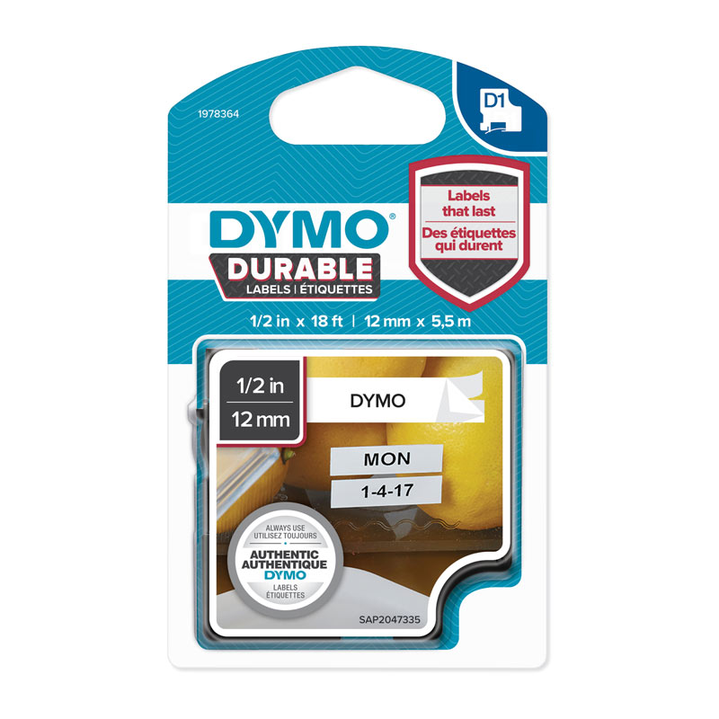 V177-D-DY1978364_uc__11576_1 DYMO Dur Black on White 12mm x 5.5m - Image 1