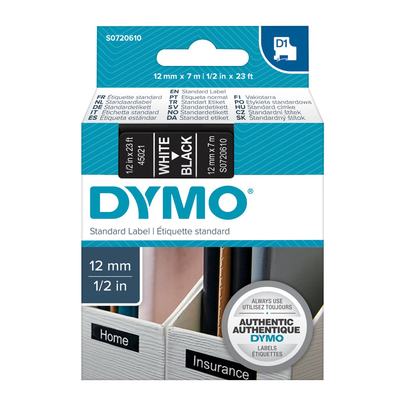 V177-D-DYS0720610_uc__23802_1 DYMO White on Black 12mmx7m Tape - Image 1
