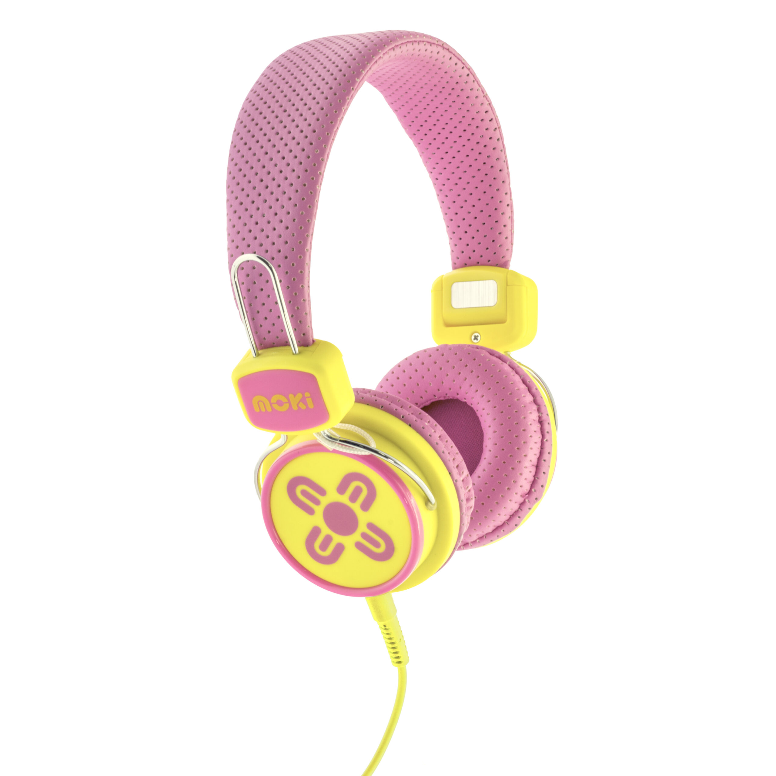 V177-HPKSPY-ACC-HPKSPY-00__76626-00 MOKI Kid Safe Volume Limited Pink & Yellow Headphones - Image 1