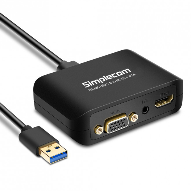 V177-L-HXSI-DA326-HXSI-DA326__09407-00 SIMPLECOM DA326 USB 3.0 to HDMI + VGA Video Adapter with 3.5mm Audio Full HD 1080p - Works With NUCs - Image 1