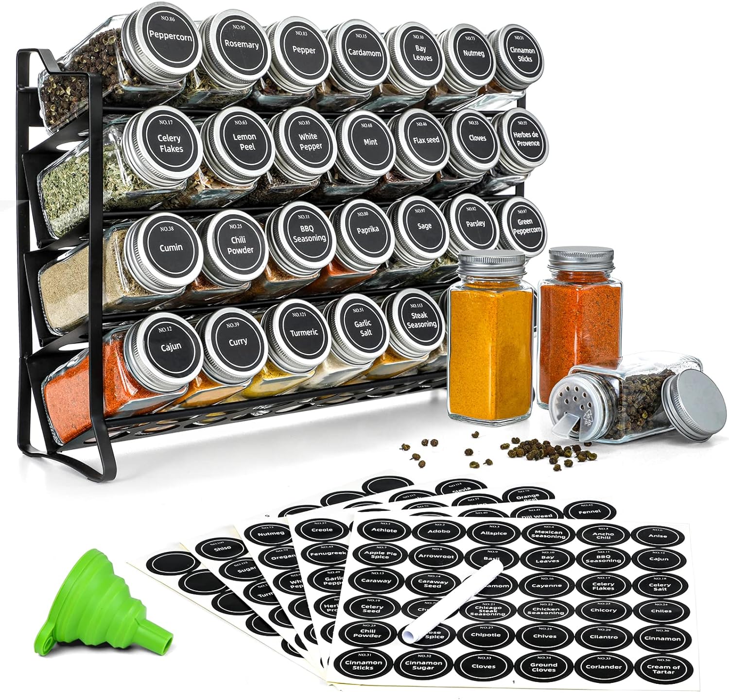 V178-36079-216247-00 Spice Rack organiser with 28 Spice Jars, Spice Labels, Funnel and Marker for Kitchen Countertop - Image 1