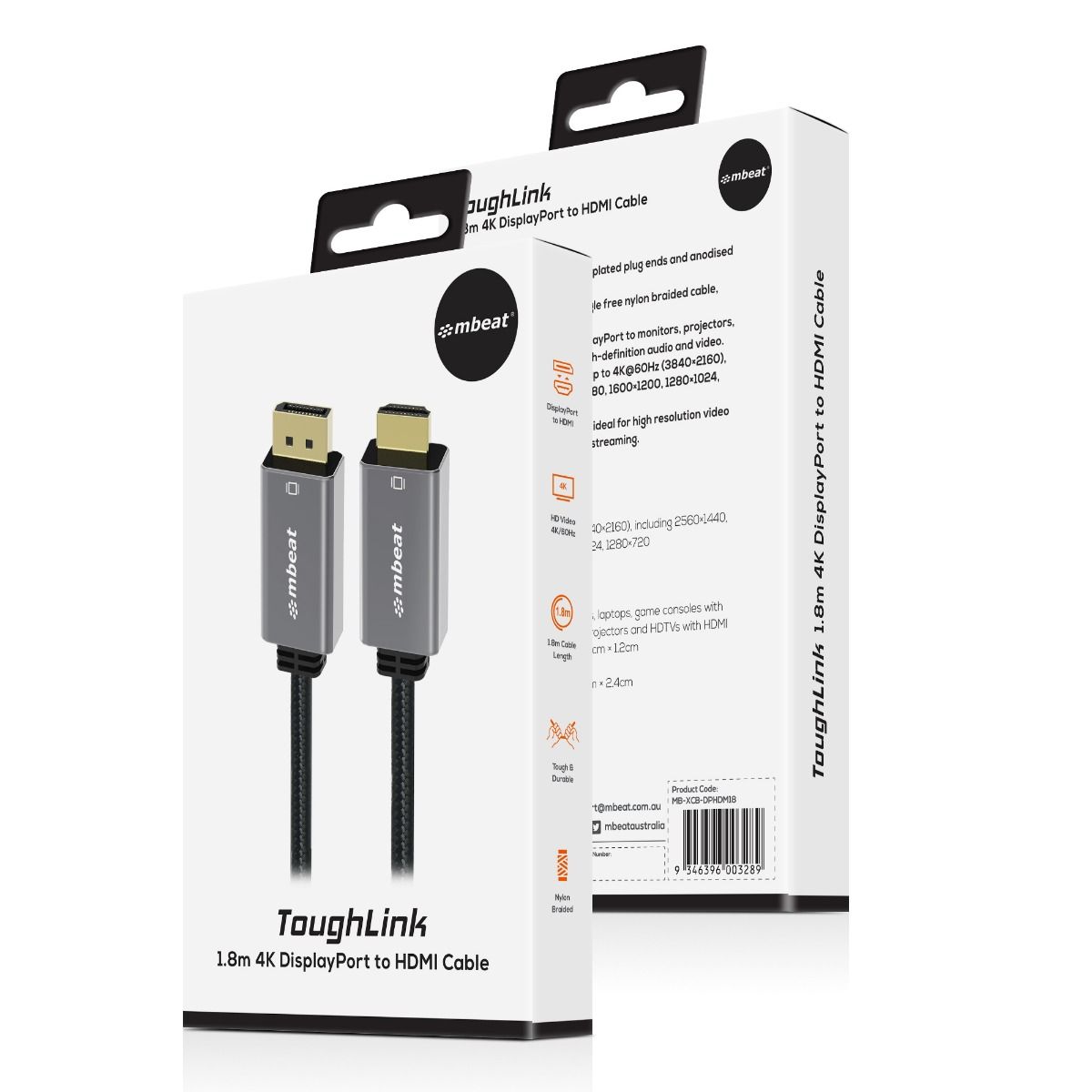 V186-MB-XCB-DPHDM18-27450-00 mbeat Tough Link 1.8m 4K/60Hz Display Port to HDMI Cable - Space Grey - Image 1