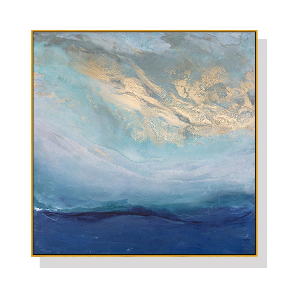 V207-1128_Abstract-gold-blue-square-size-gold_1 Wall Art 60cmx60cm Abstract gold blue square size Gold Frame Canvas - Image 1