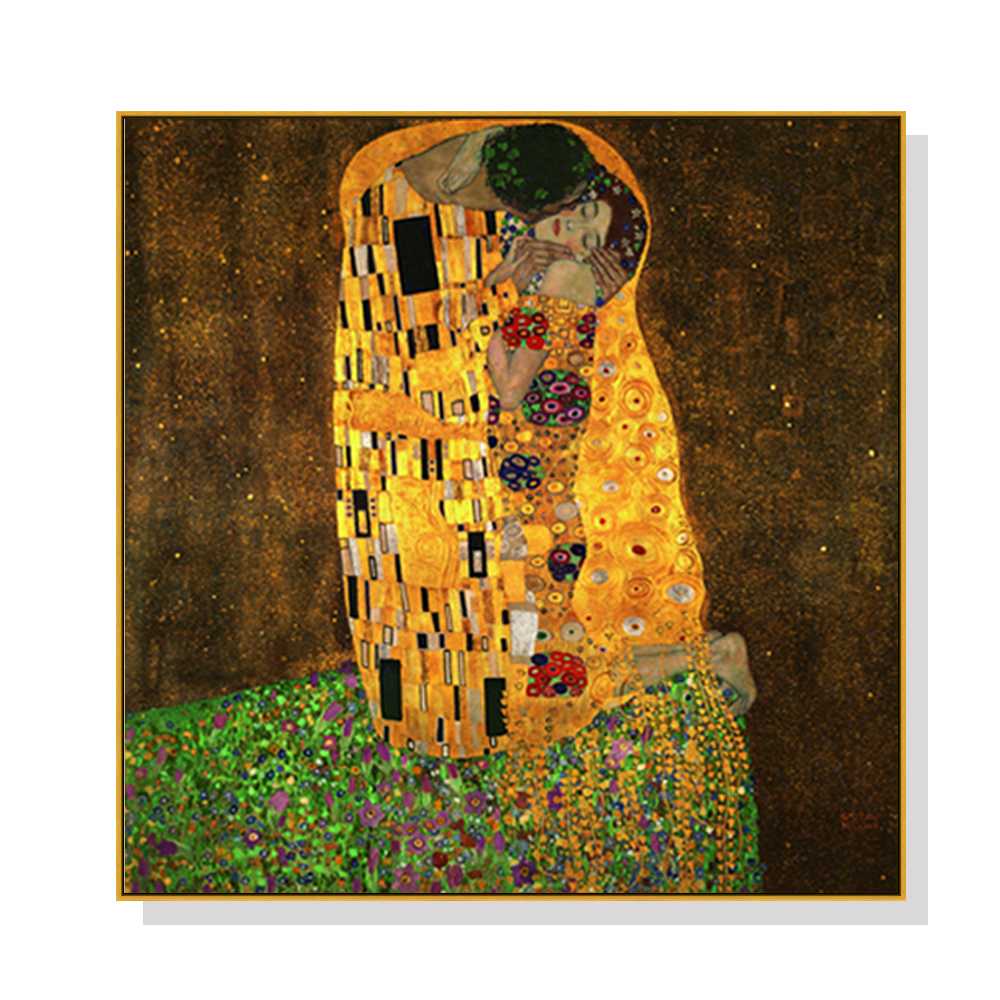 V207-1133_Kissing-by-Gustav-Klimt-gold_1 Wall Art 50cmx50cm Kissing by Gustav Klimt Gold Frame Canvas - Image 1
