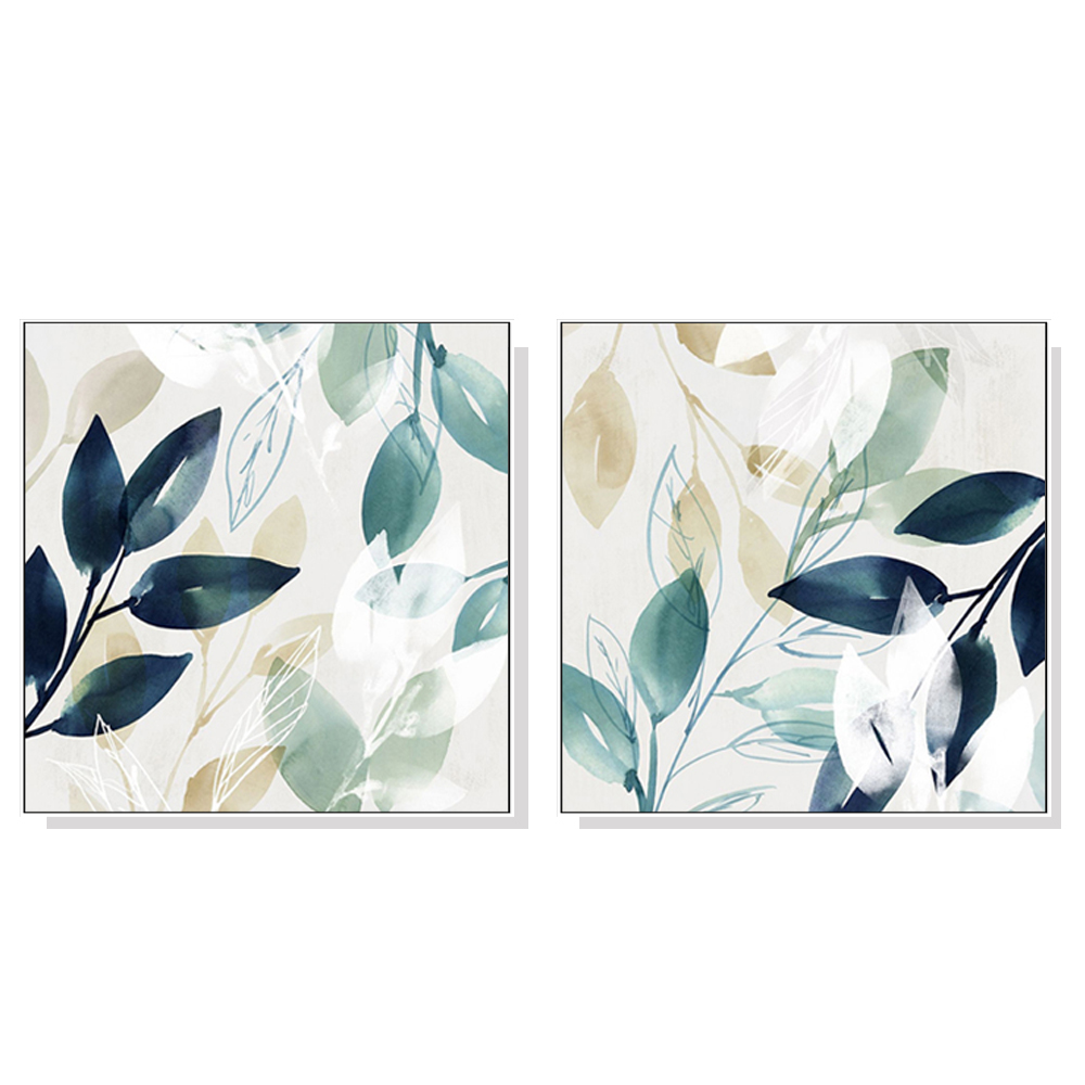 V207-1144_Watercolour-style-leaves-2-sets-white_1 Wall Art 70cmx70cm Watercolour style leaves 2 Sets White Frame Canvas - Image 1