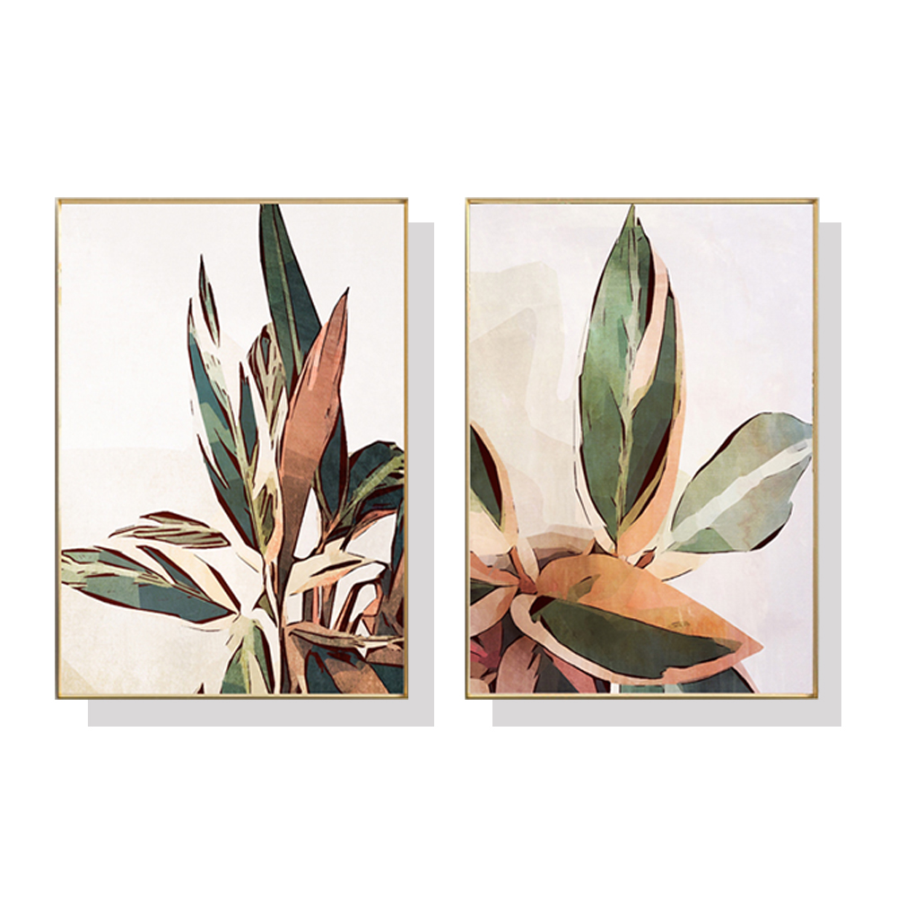 V207-1168_Botanical-Leaves-2-sets_1 Wall Art 60cmx90cm Botanical Leaves 2 Sets Gold Frame Canvas - Image 1