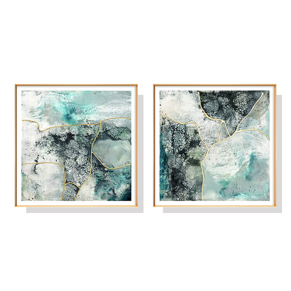 V207-1202_Marbled-Green-2-sets_1 Wall Art 50cmx50cm Marbled Green 2 Sets Gold Frame Canvas - Image 1