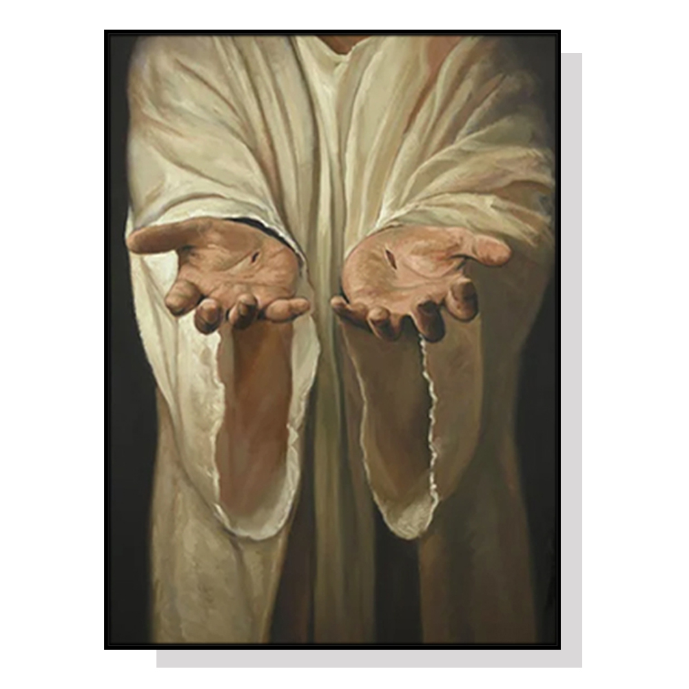 V207-1215_Jesus-nail-hand-01-black_1 Wall Art 60cmx90cm Jesus Nail Hand Black Frame Canvas - Image 1