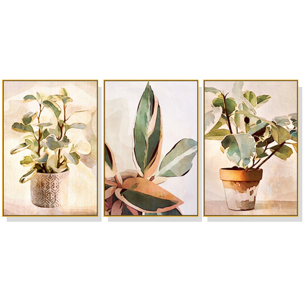 V207-1286-2-146354-00 Wall Art 80cmx120cm Botanical Leaves Watercolor Style 3 Sets Gold Frame Canvas - Image 1