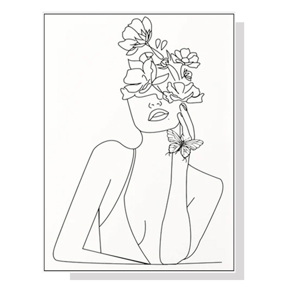V207-1316-64826-00 Wall Art 50cmx70cm Line Art Girl White Frame Canvas - Image 1
