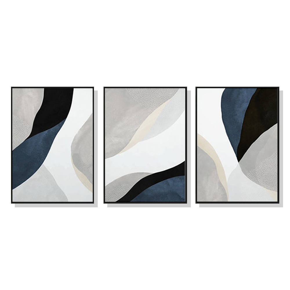 V207-1339-65075-00 Wall Art 60cmx90cm Abstract Navy Blue 3 Sets Black Frame Canvas - Image 1