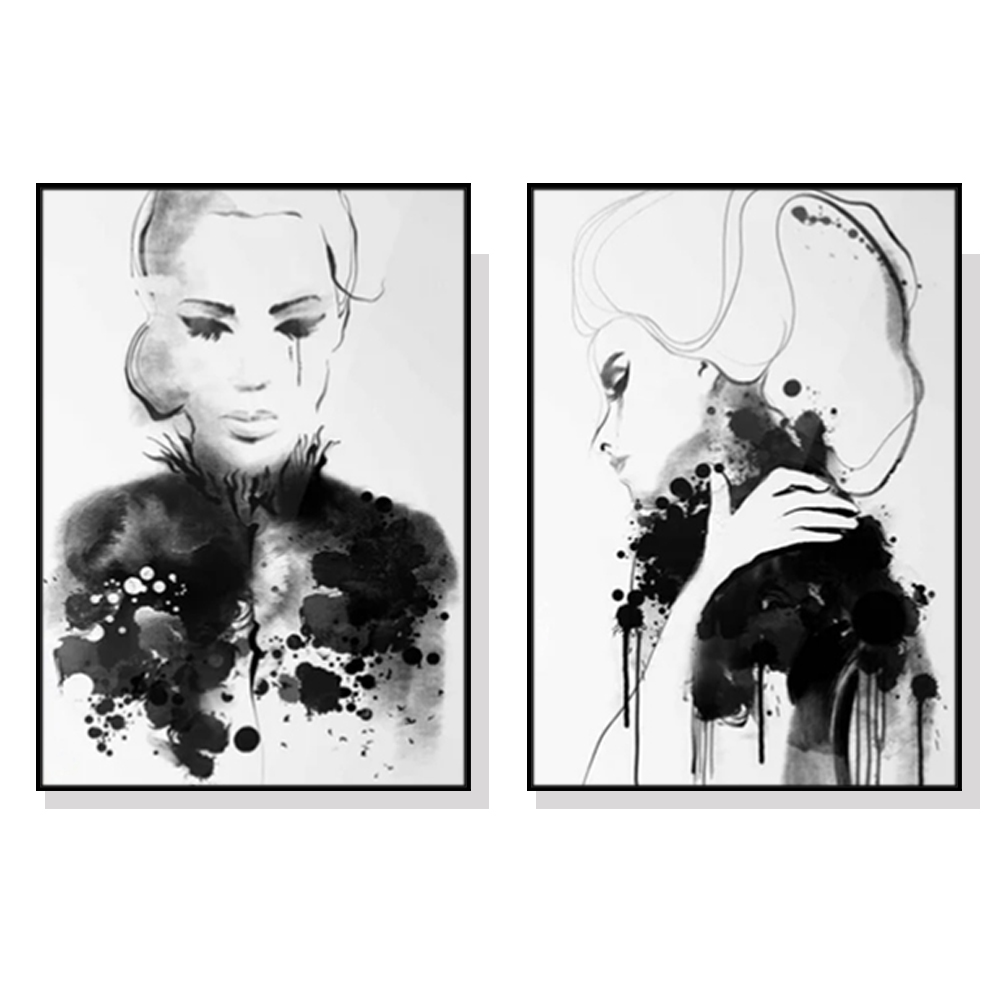 V207-1351-65135-00 Wall Art 60cmx90cm Watercolor Sketch 2 Sets Black Frame Canvas - Image 1
