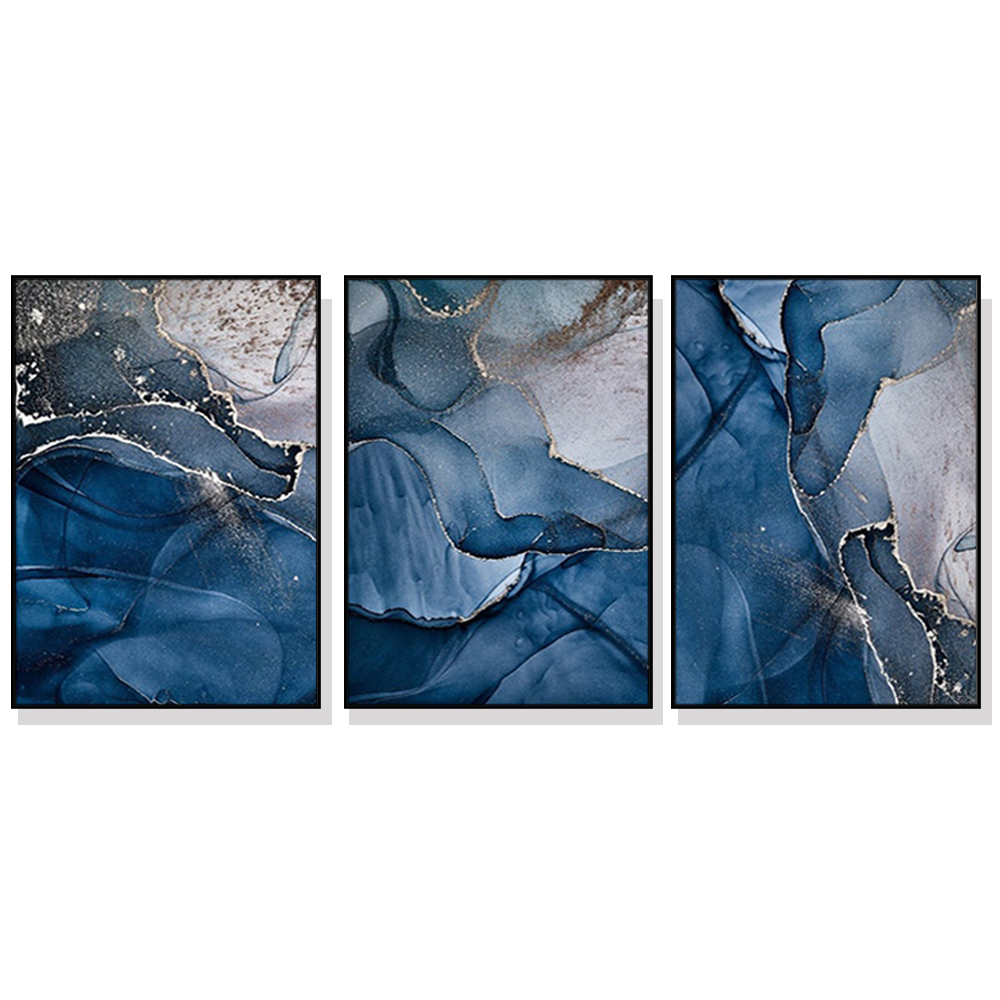 V207-1365-2-145987-00 Wall Art 80cmx120cm Blue Gold Marble 3 Sets Black Frame Canvas - Image 1