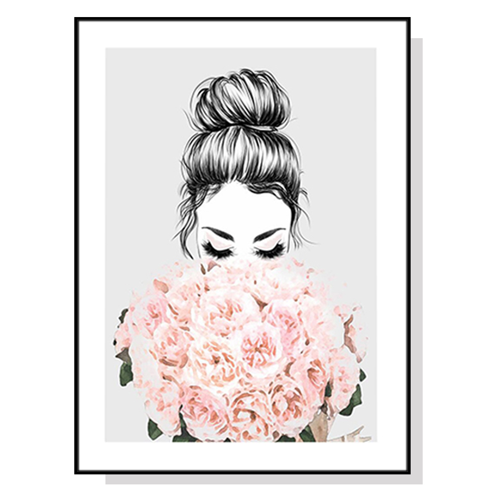 V207-1400-65167-00 Wall Art 60cmx90cm Roses Girl Black Frame Canvas - Image 1