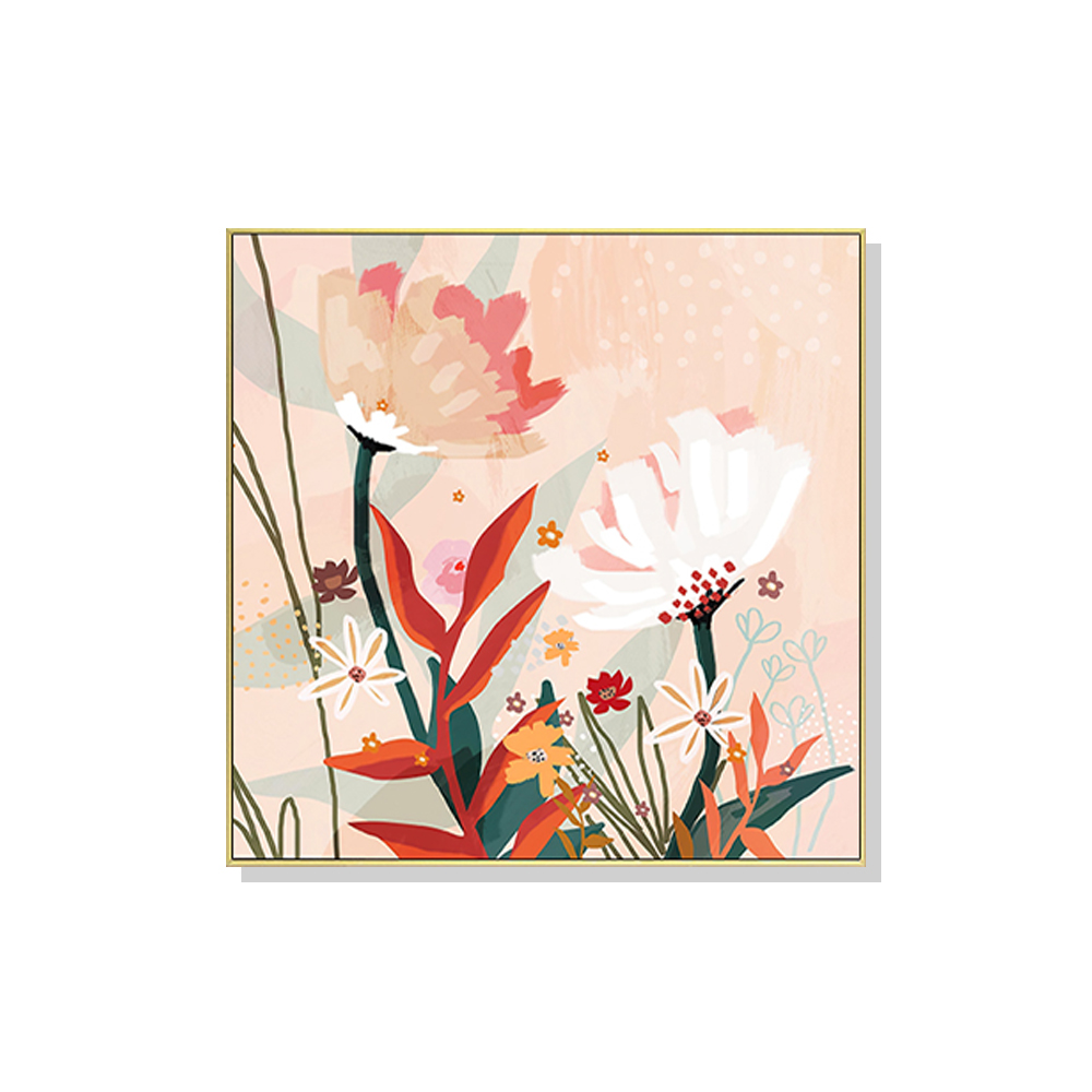 V207-1407-2-145922-00 Wall Art 90cmx90cm Native Floral Gold Frame Canvas - Image 1