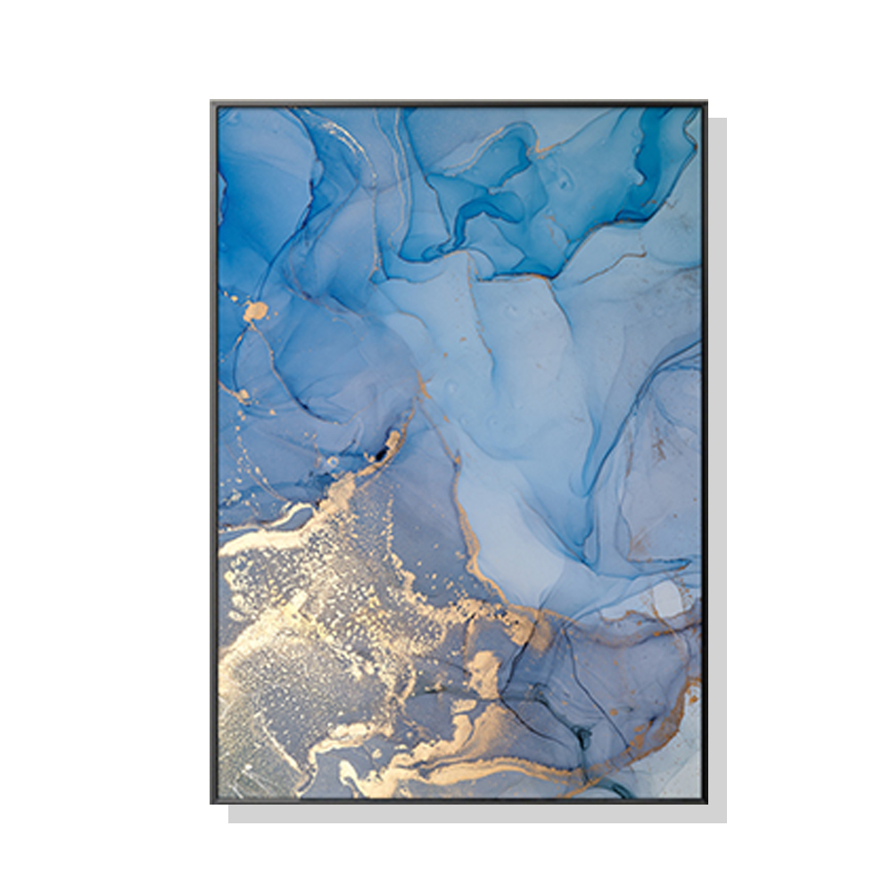 V207-1475-66240-00 Wall Art 50cmx70cm Light Blue Marble With Gold Splash Black Frame Canvas - Image 1