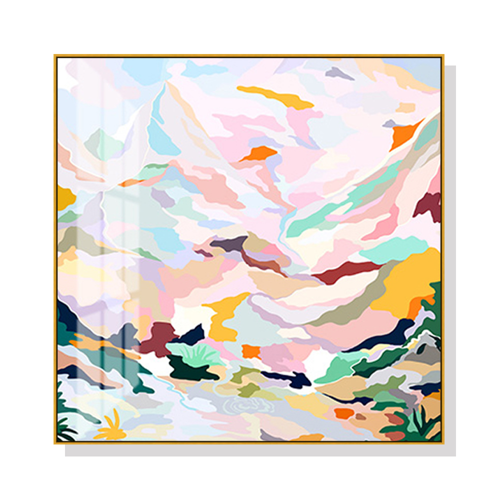 V207-1502-3-145807-00 Wall Art 100cmx100cm Abstract Pink Mountain Hand Painted Style Gold Frame Canvas - Image 1