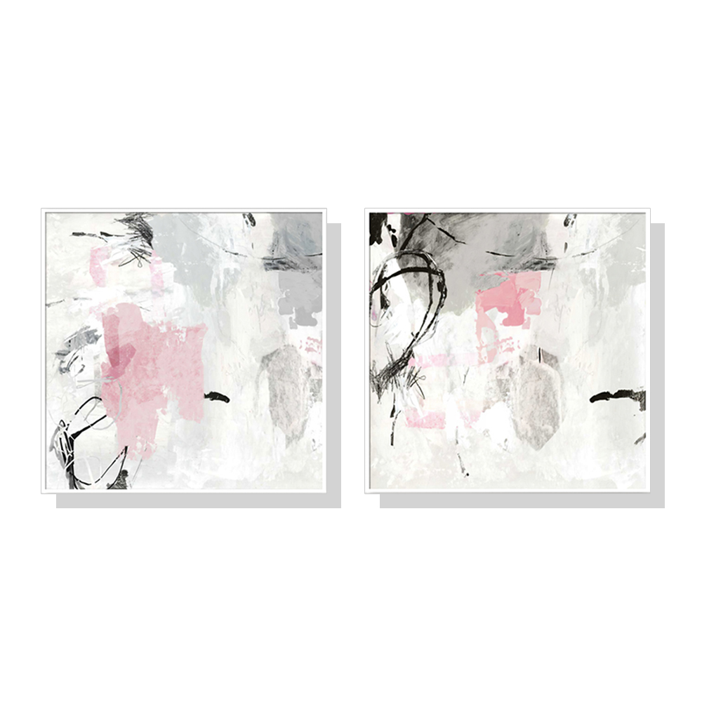 V207-1510-2-145817-00 Wall Art 80cmx80cm Abstract Pink Grey 2 Sets White Frame Canvas - Image 1