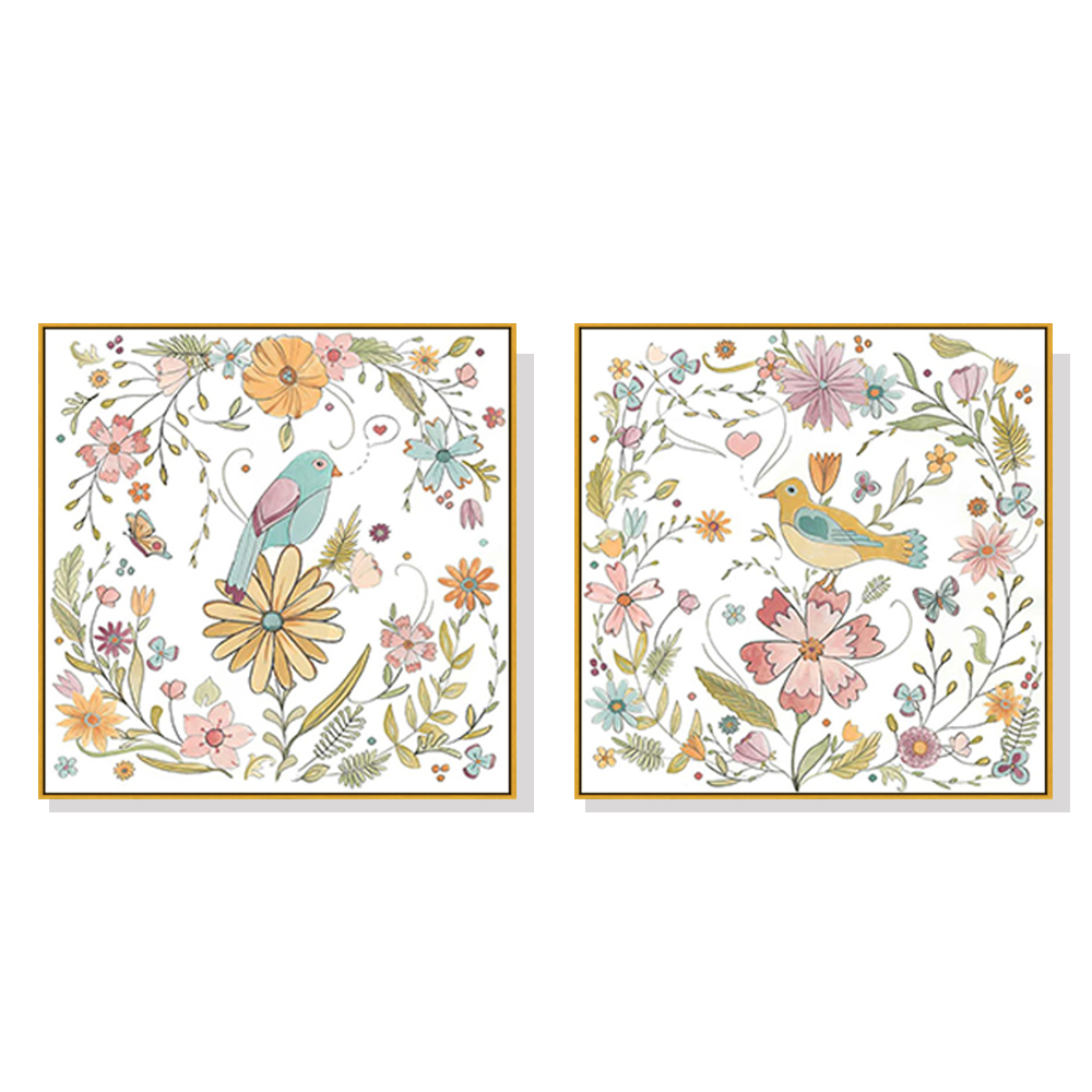 V207-1523-66567-00 Wall Art 50cmx50cm Floral birds 2 Sets Gold Frame Canvas - Image 1